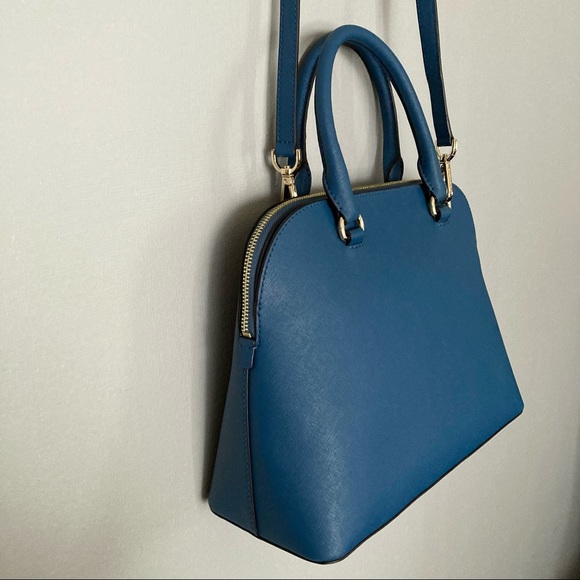 MICHAEL KORS Cindy Large Dome Crossgrain Blue Chambray Leather Satchel Purse Bag - Picture 6 of 14